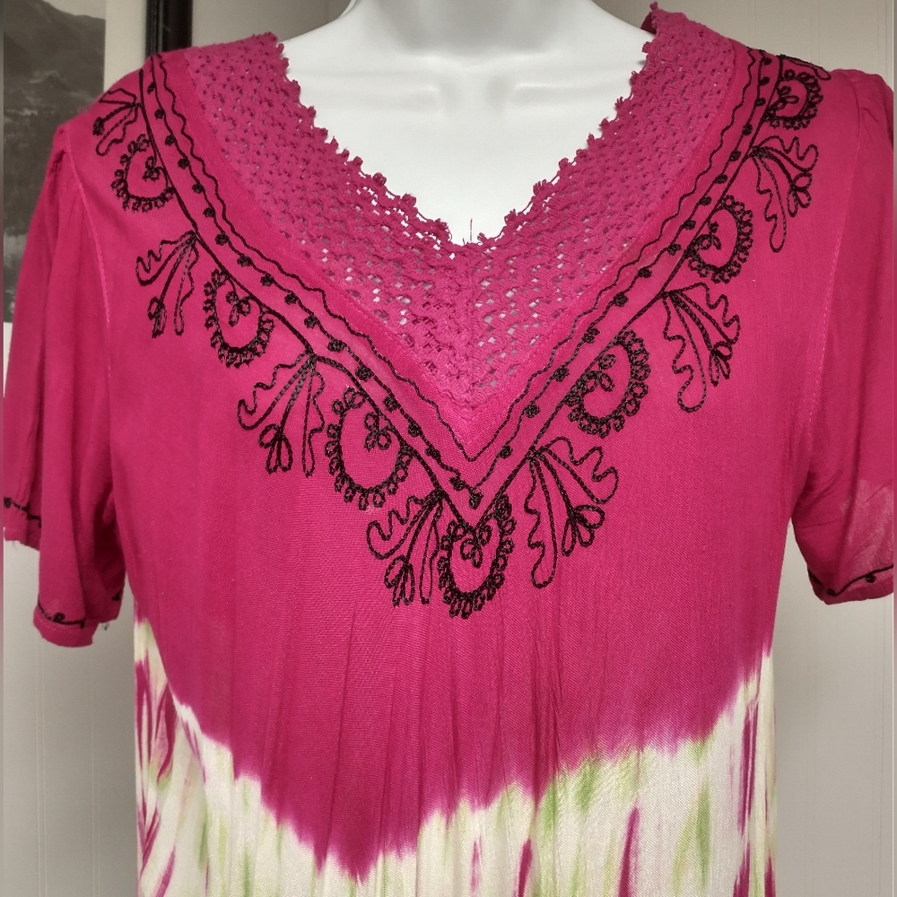 Women's Summer Colorful Free Size Boho Flowy Beach Flared Dress Fuchsia/Green